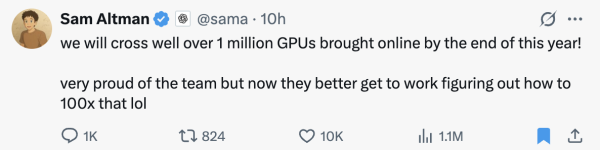 К концу года OpenAI будет обучать ИИ на миллионе GPU — Сэм Альтман
