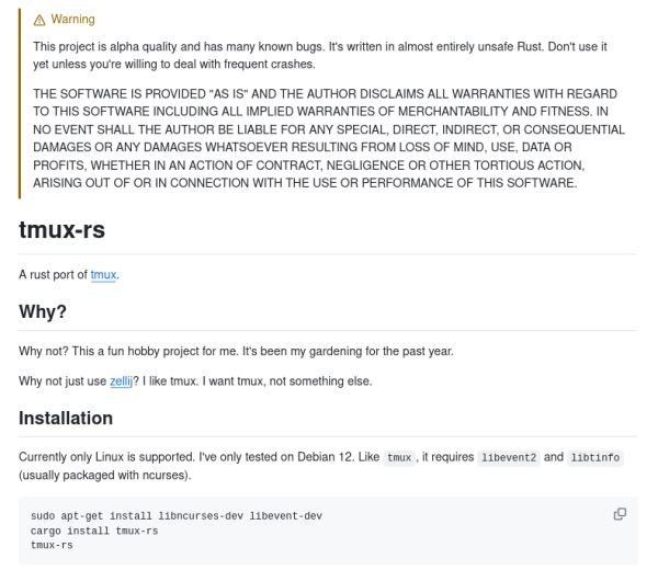 Представлен открытый проект tmux-rs — версия терминального мультиплексора tmux на Rust
