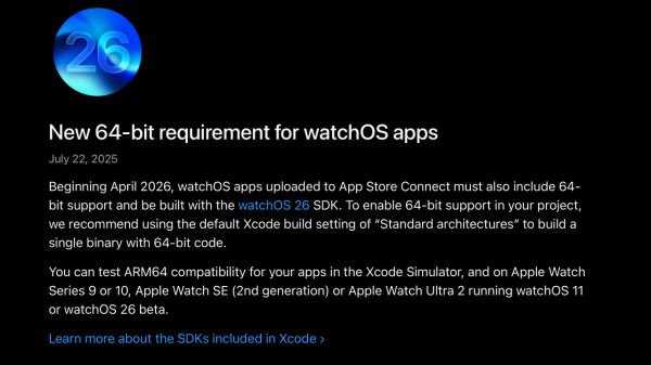С апреля 2026 года в App Store Connect можно будет загружать только 64-битные приложения для Apple Watch