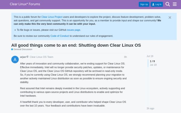 Intel прекратила поддержку Clear Linux OS