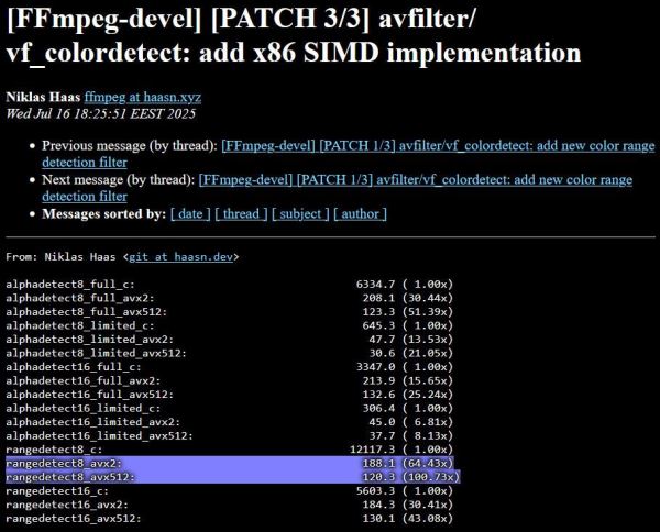 Разработчики проекта FFmpeg добились 100х производительности в rangedetect8_avx512, благодаря ассемблерному коду