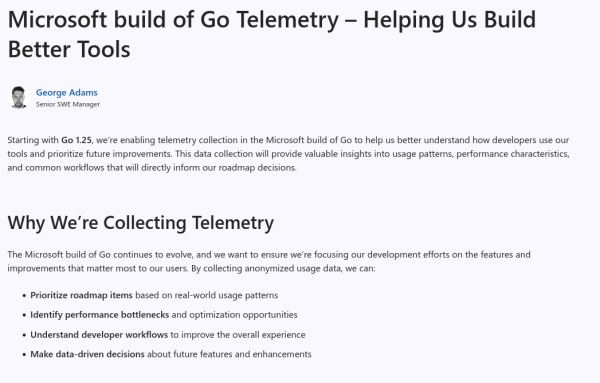 Microsoft объявила о внедрении сбора телеметрии в сборку компилятора и инструментов Go версии 1.25