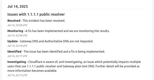 В Cloudflare произошёл глобальный сбой в работе публичного DNS-резолвера 1.1.1.1